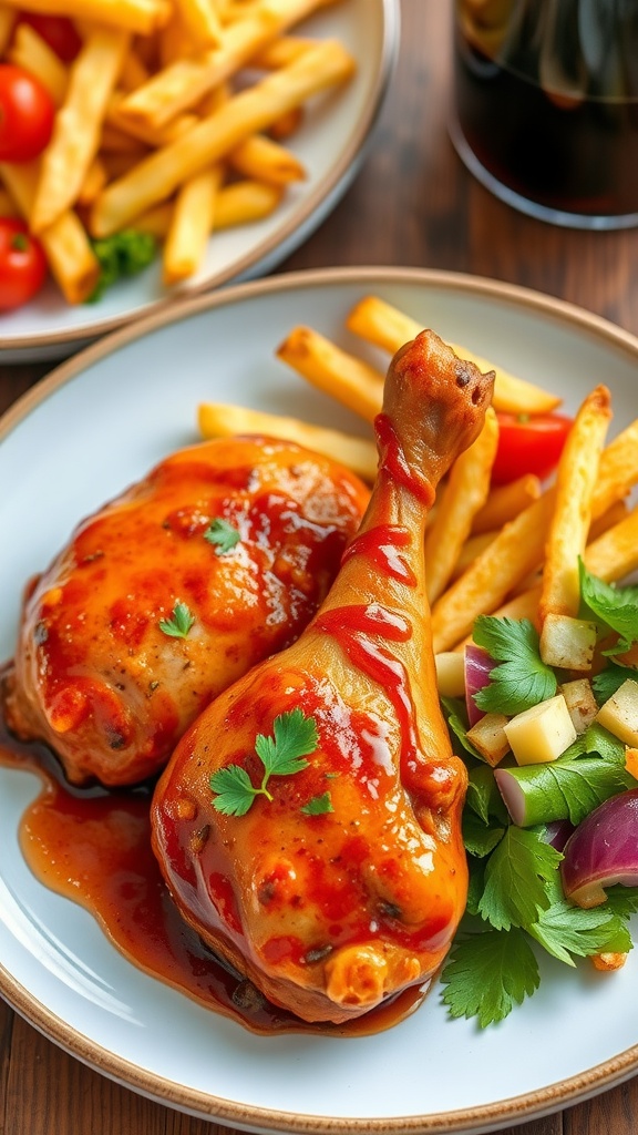 Plated homemade peri-peri chicken with fries and salad on a rustic wooden table.